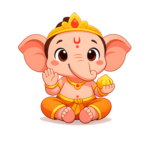 Baby Ganesha sitting happily and holding a sweet modak, ready for his festival.
